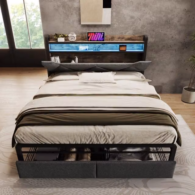 Letto matrimoniale 140 × 200 cm con testiera contenitore USB Type-C LED cassetti metallo lino grigio