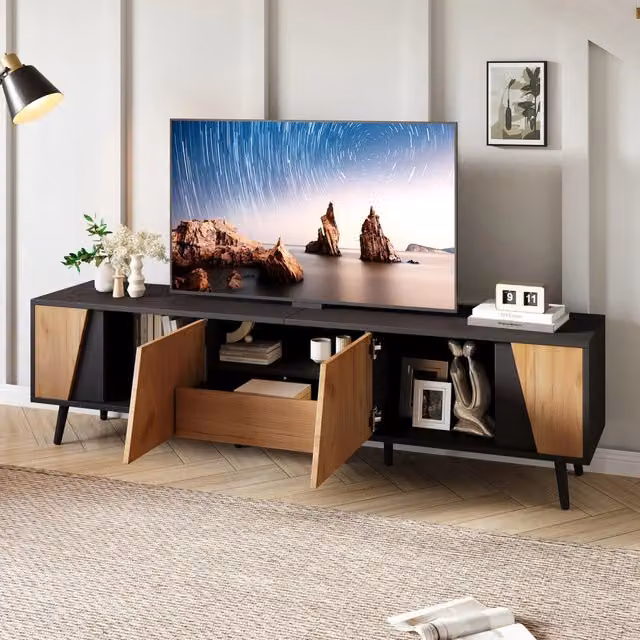 Mobile TV con 2 ante cassetto vano semiaperto gambe in legno nero e naturale 180 × 40 × 46 cm