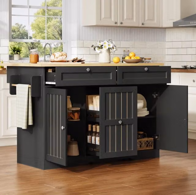 Isola da cucina ULEVR 120x45(70)x92 cm con piano pieghevole, 4 cassetti e ruote bloccabili, nera
