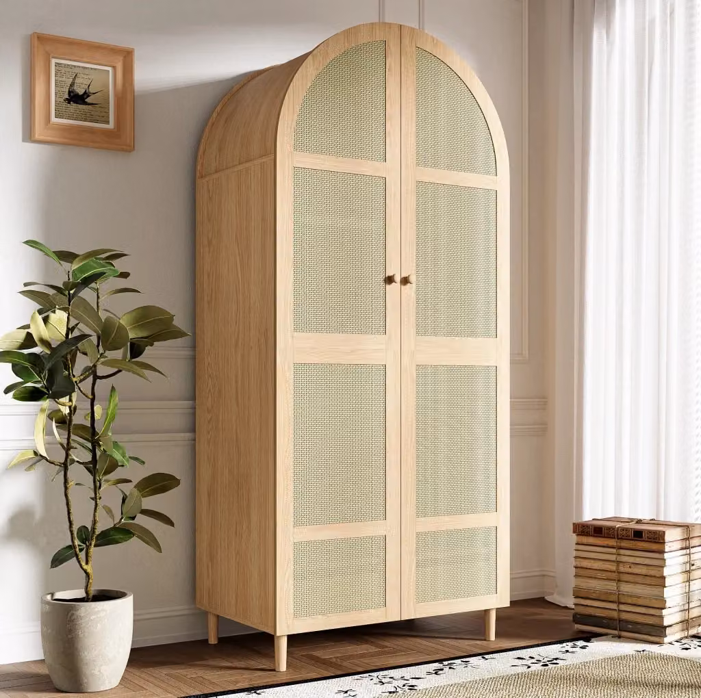 Armadio moderno beige con ante in rattan e cassetti integrati L/P/H: 80 x 50 x 179 cm – 2