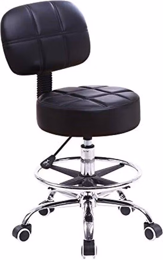 Sedia girevole Unyqoos® con schienale – regolabile in altezza da 52,7 a 68 cm, rivestita in ecopelle nera, seduta di diametro 36 cm, imbottitura di 10 cm, 5 ruote, capacità di carico 136 kg