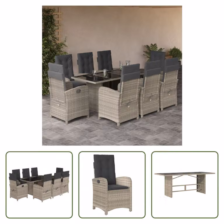 The Living Store Set da pranzo da giardino 9 pezzi con cuscini in poly rattan grigio chiaro