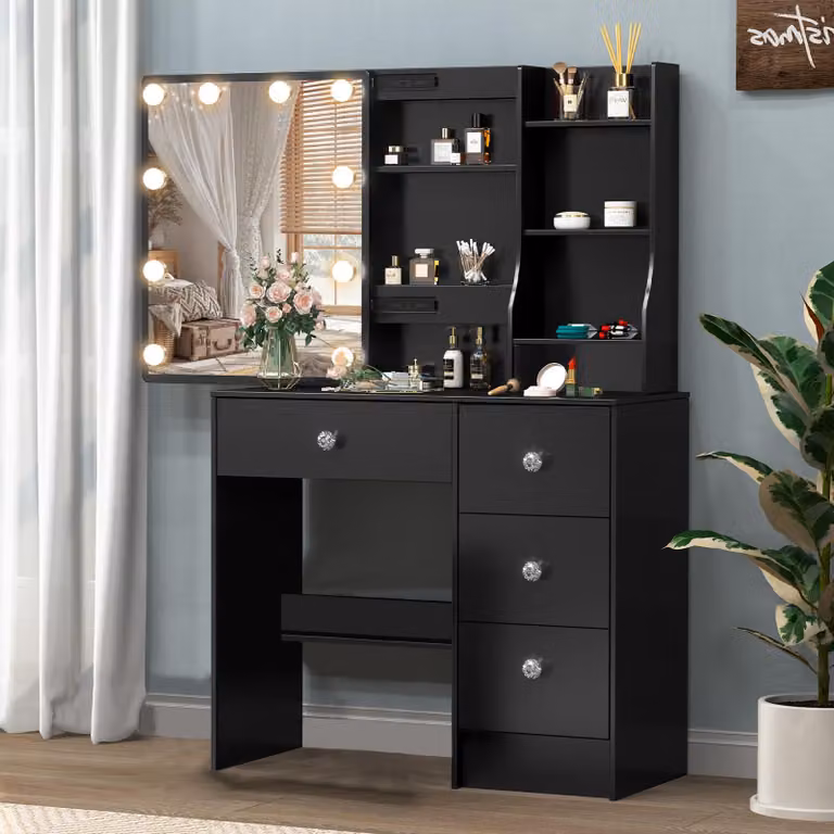 Set da tavolo da trucco nero - 4 cassetti - MDF - Design moderno - Specchio per il trucco