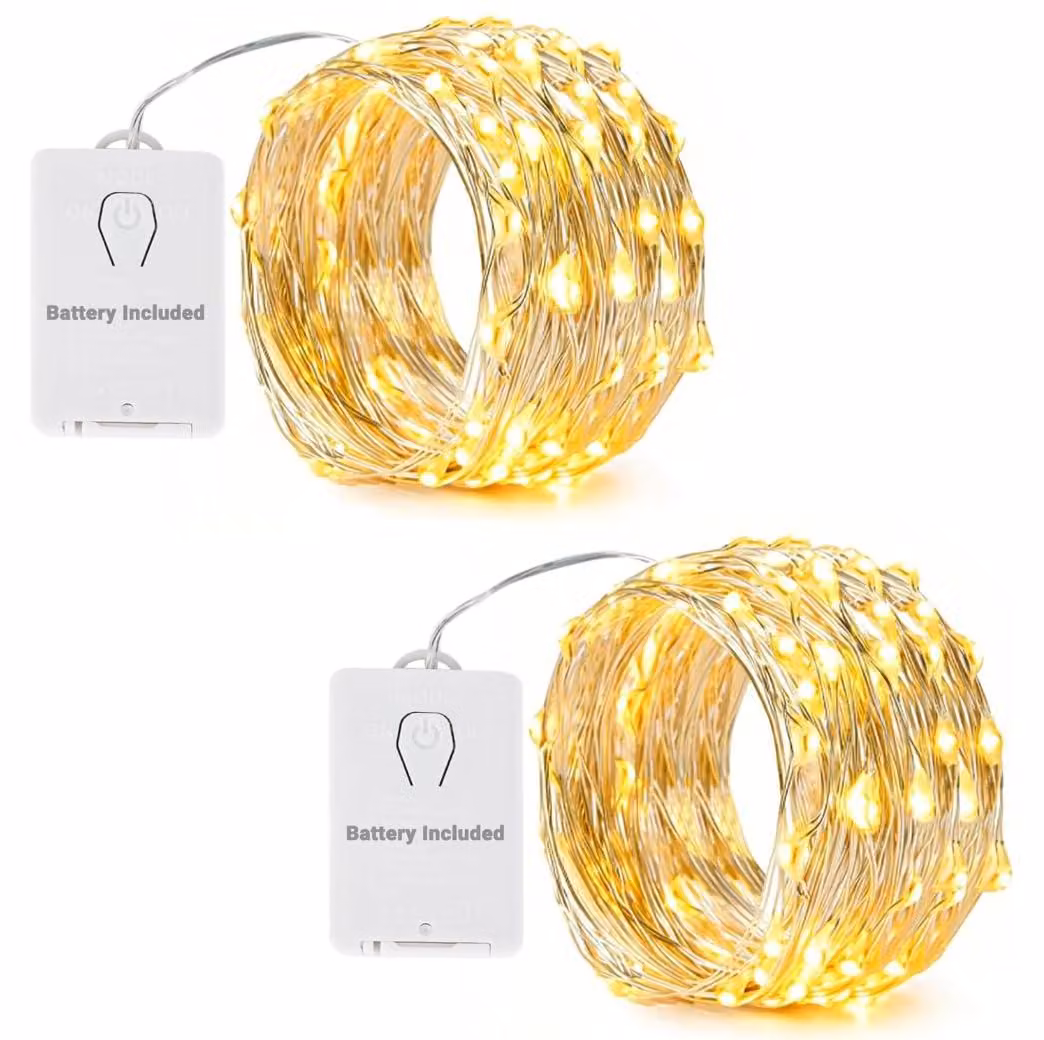 Catena luminosa a batteria, 2 x 6 metri, 60 LED, luce bianco caldo