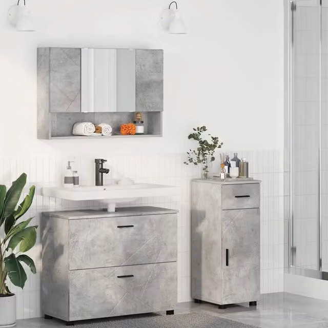 Set di mobili per il bagno moderno vidaXL composto da 3 pezzi in grigio e nero con mobile lavabo, armadietto con specchio e mobile laterale