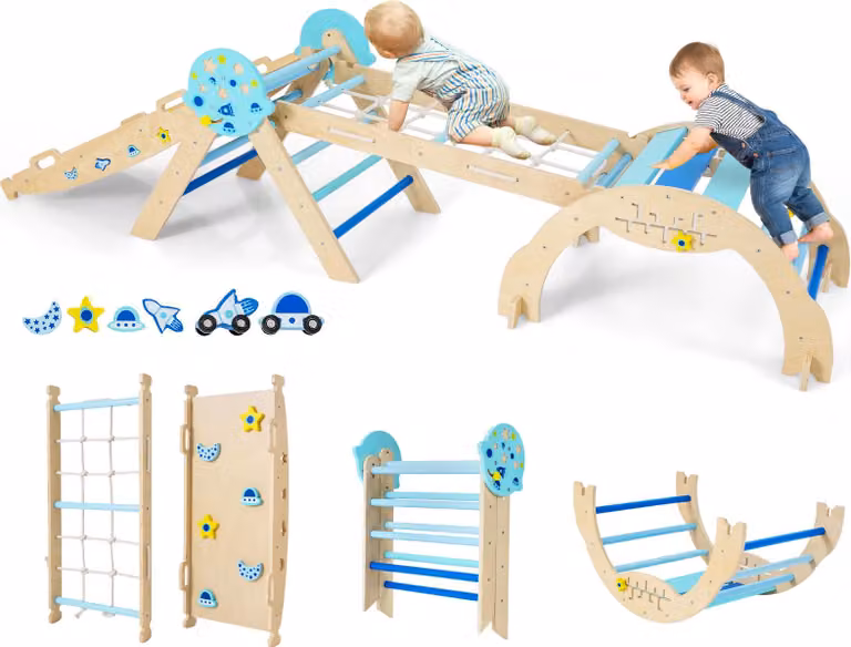 COSTWAY: set di 4 strutture da arrampicata per interni, triangolo pieghevole con scivolo, arco di arrampicata, rete, rampa bifacciale, set di mattoncini e 2 macchinine per bambini di età superiore ai 3 anni
