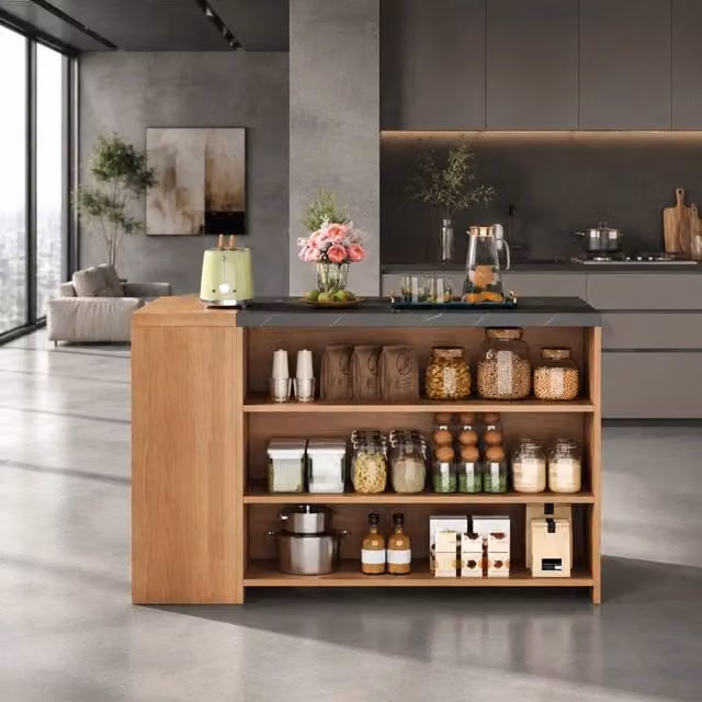 Isola da cucina con piano bar; 5 ripiani e cassetto nascosto; MDF; nero e naturale; 140 x 60 x 90 cm
