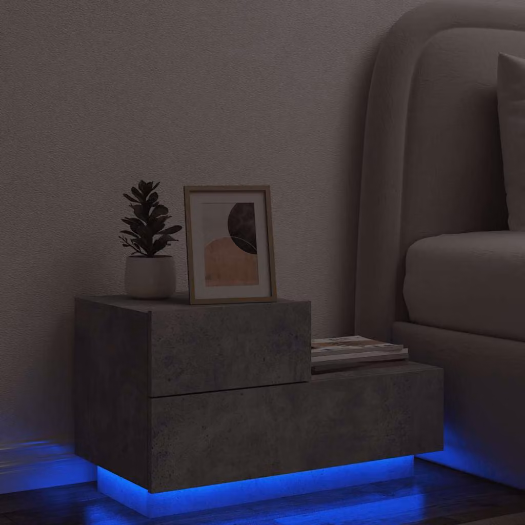 vidaXL Comodino Moderno con Luci LED Grigio Cemento L: 70 cm, P: 36 cm, H: 40,5 cm