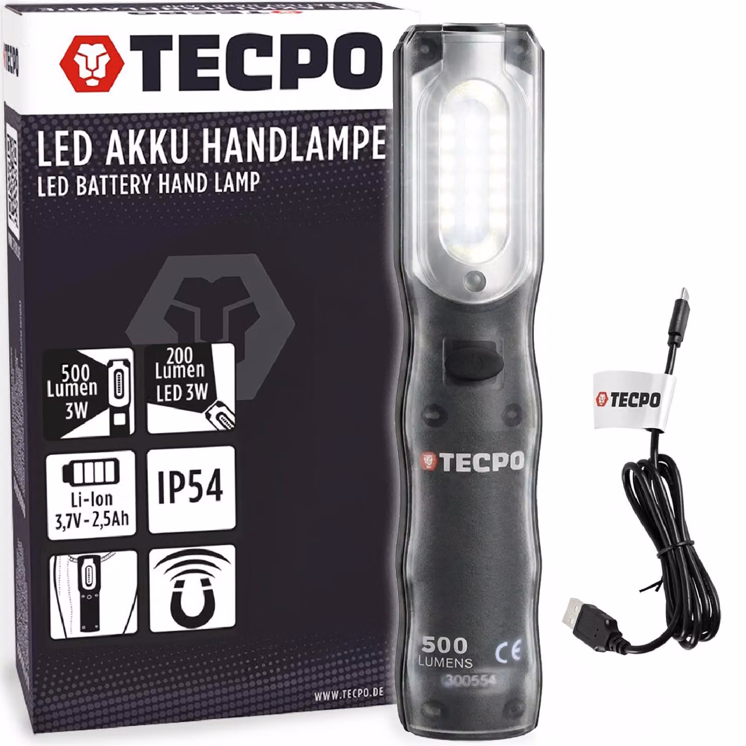 Lampada portatile ricaricabile a LED da 500 lumen + cavo USB
