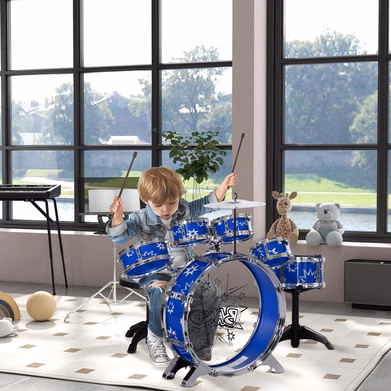 Set Batteria per Bambini AIYAPLAY con Grancassa, Pedale, Tamburi, Piatto e Sgabello, Blu – 2