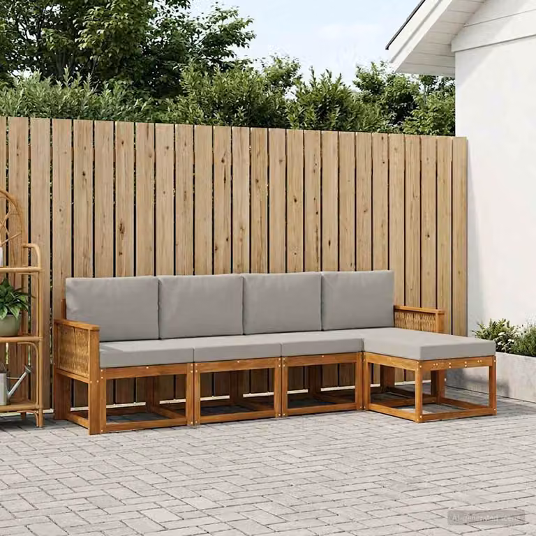 vidaXL Set di divani da esterno a L in legno di acacia con pouf, colore marrone e grigio