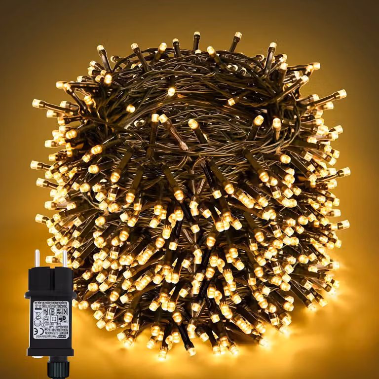 Catena luminosa a LED, 30 metri, 300 LED bianco caldo, grado di protezione IP44, timer, 8 modalità