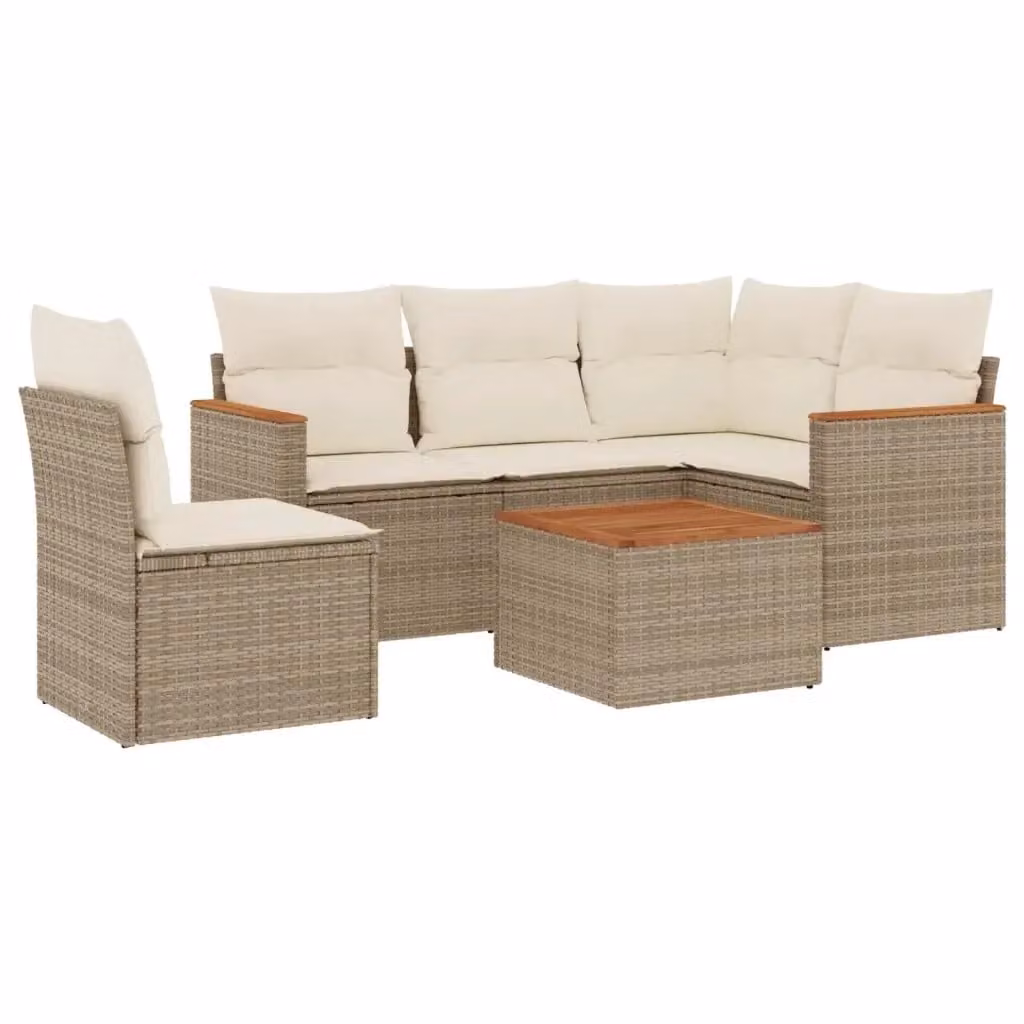 vidaXL Set Divano da Giardino a L 6 pz con Cuscini Beige e Tavolino, Struttura in Acciaio e Legno di Acacia – 2