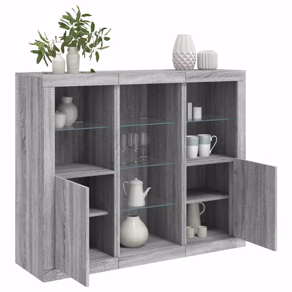 Set di 3 credenze moderne vidaXL con luci LED integrate in legno multistrato, colore grigio – 1