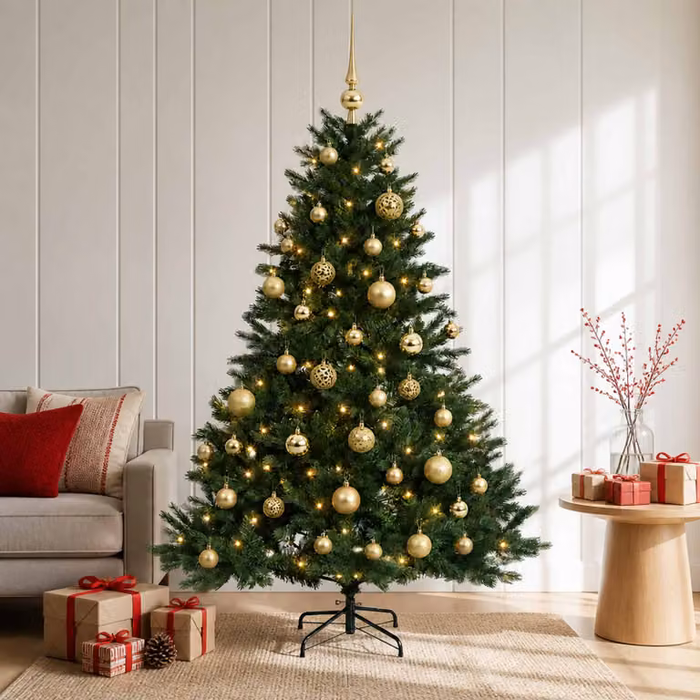 Albero di Natale artificiale verde vidaXL con 150 LED luce bianca calda e decorazioni con palline in PVC e metallo