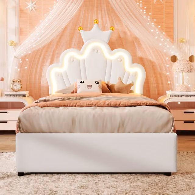 Letto singolo imbottito 90 x 200 cm in PU bianco con LED; contenitore idraulico e testiera regolabile