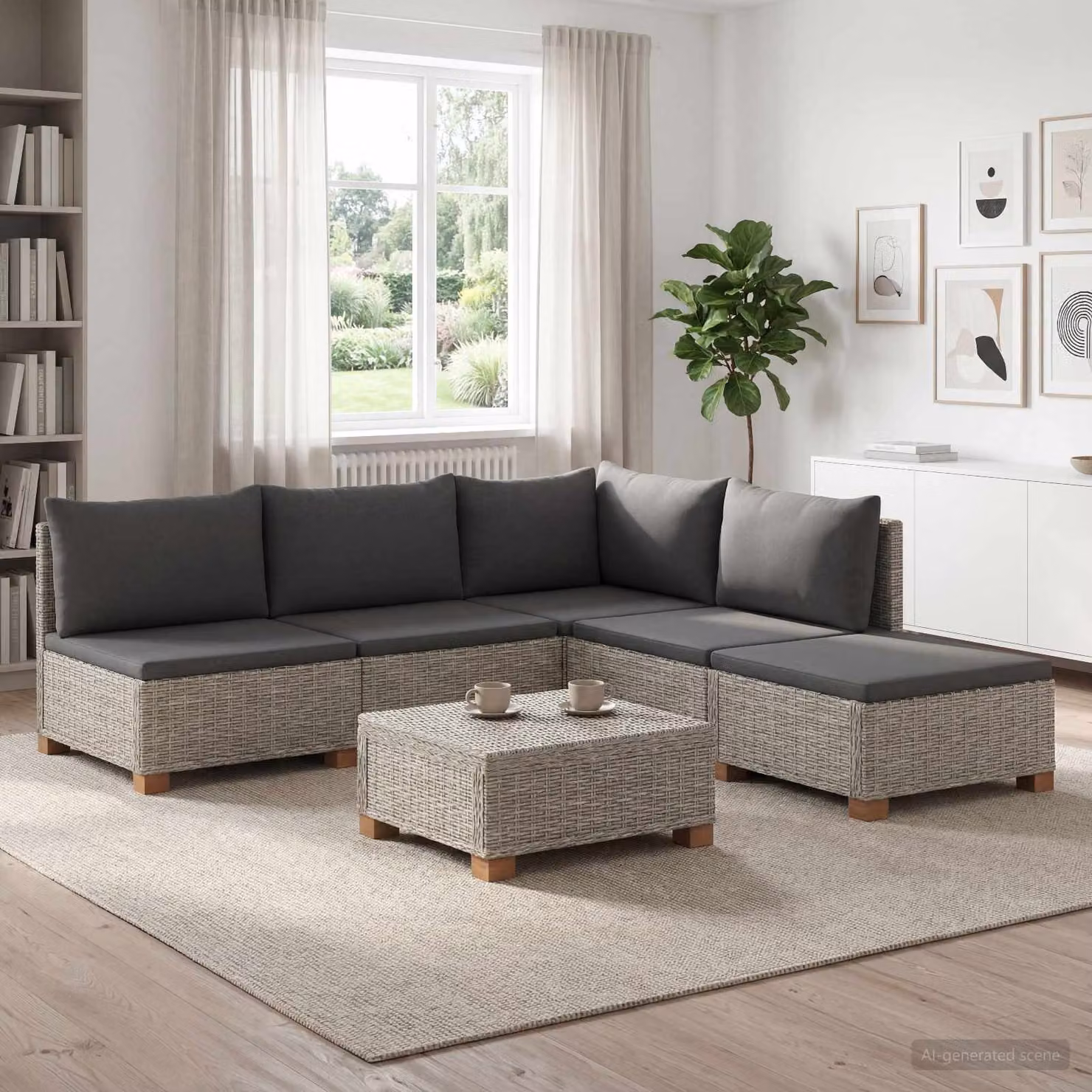 Set Lounge da 6 pezzi vidaXL GENDT in rattan naturale con cuscini grigi