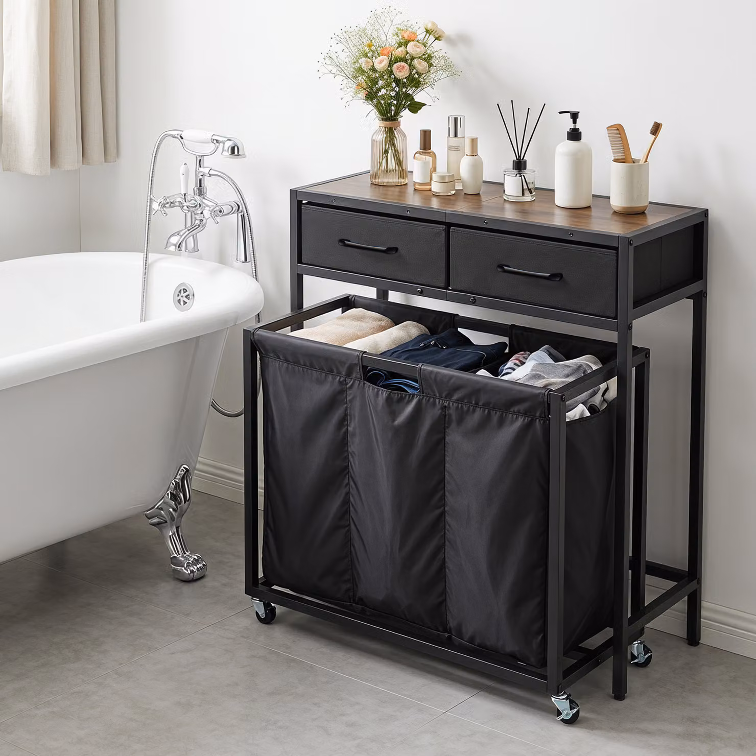 Costway Set 67,5 l cesto portabiancheria con ruote e tavolino con cassetti, Porta biancheria sporca a 3 scomparti per bagno e lavaderia Marrone