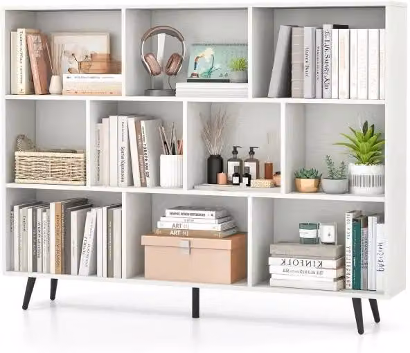 Libreria a 10 Cubi Moderna da 140 cm Mobile Contenitore Autoportante con 5 Gambe in Metallo per Casa e Ufficio Bianco