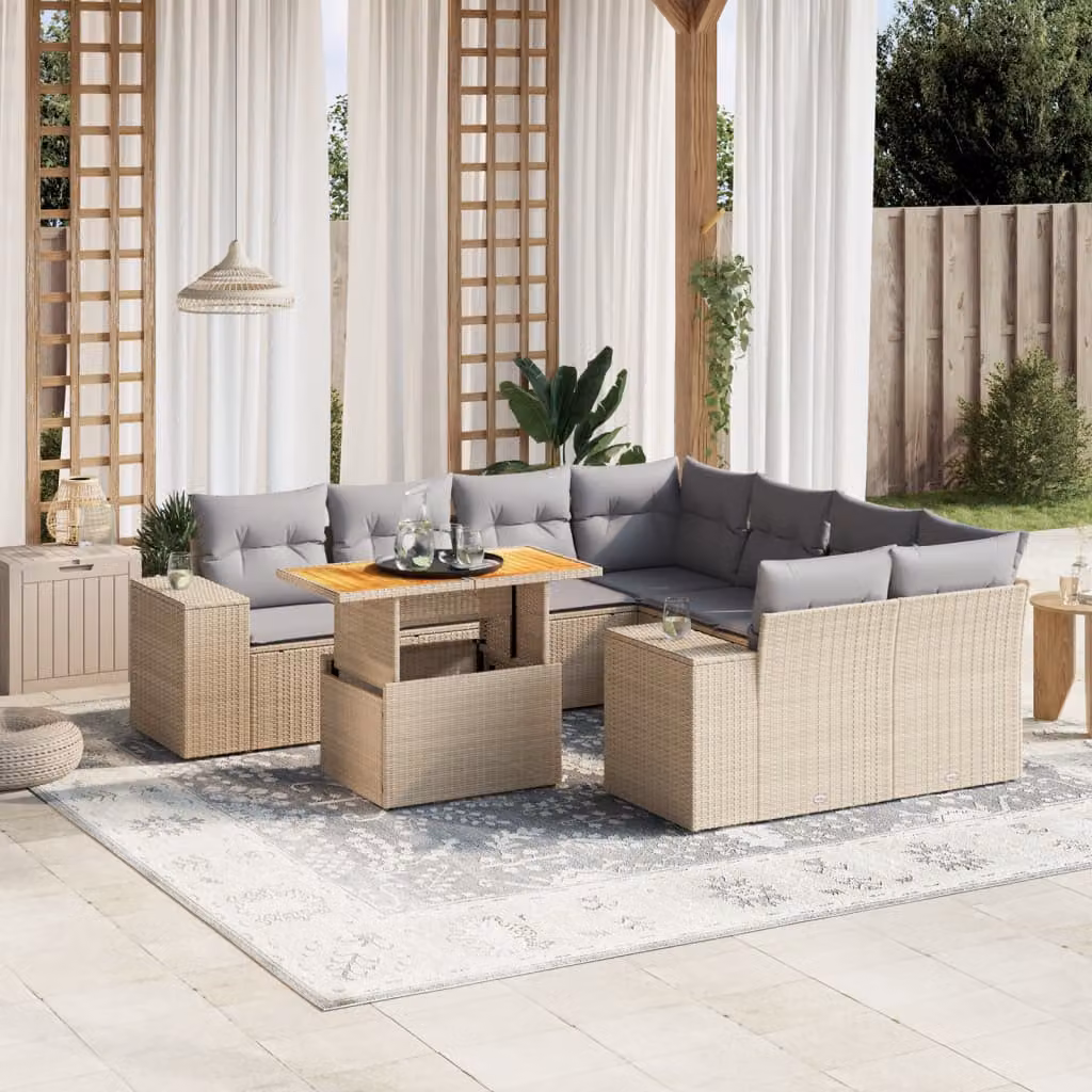 Set Divano da Giardino a L vidaXL 9 pz con Cuscini Beige e Tavolino, Struttura in Acciaio e Legno di Acacia – 1