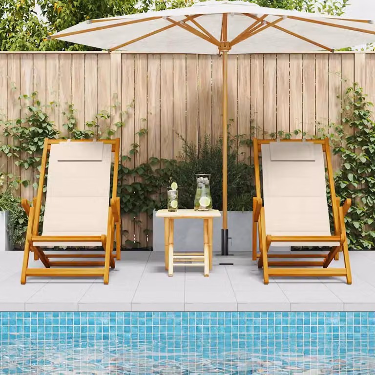 Set di 2 sedie da spiaggia vidaXL in legno di acacia marrone con tessuto textilene beige e cuscini inclusi