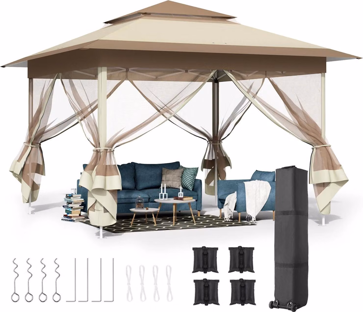 Gazebo da giardino - Gazebo pieghevole pop-up - 3,3 x 3,3 m - Tessuto Oxford impermeabile e rivestito inPoliuretano- Struttura in acciaio - 4 pareti laterali in zanzariera - Doppio tetto - Cachi scuro