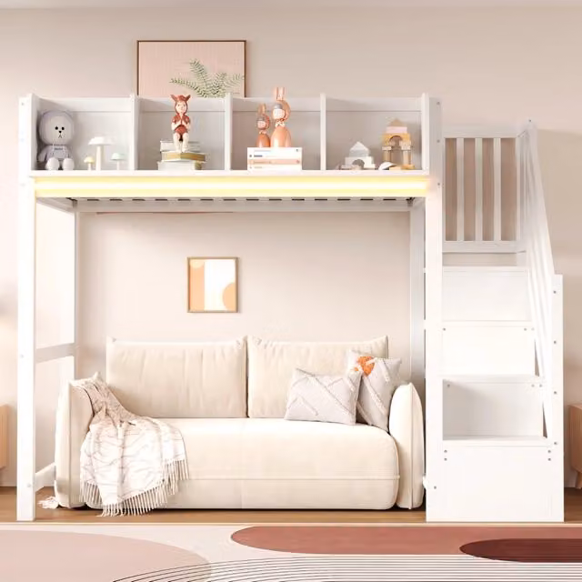 Letto a Soppalco 90x200 cm in Legno con Luci LED e Scala Contenitore; Bianco