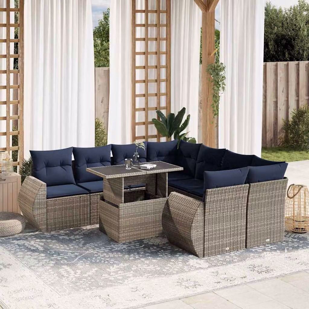 Set di divani da giardino vidaXL in polyrattan grigio con cuscini e tavolino da esterno, composizione a L da 9 pezzi