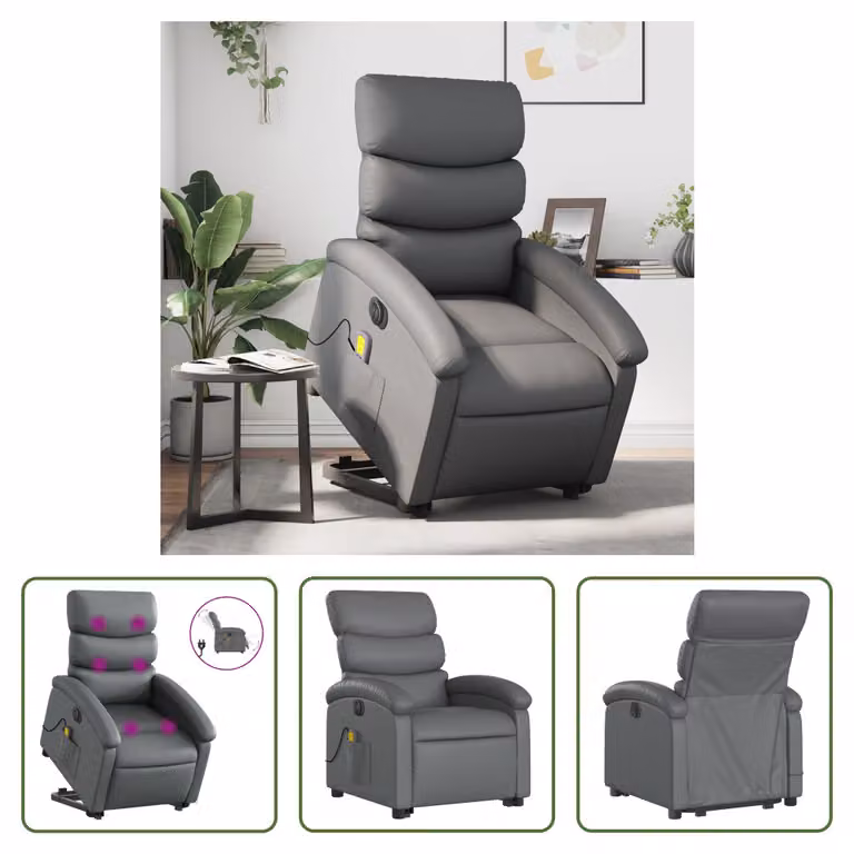 The Living Store Sedia massaggiante con supporto in piedi elettrica in ecopelle grigia