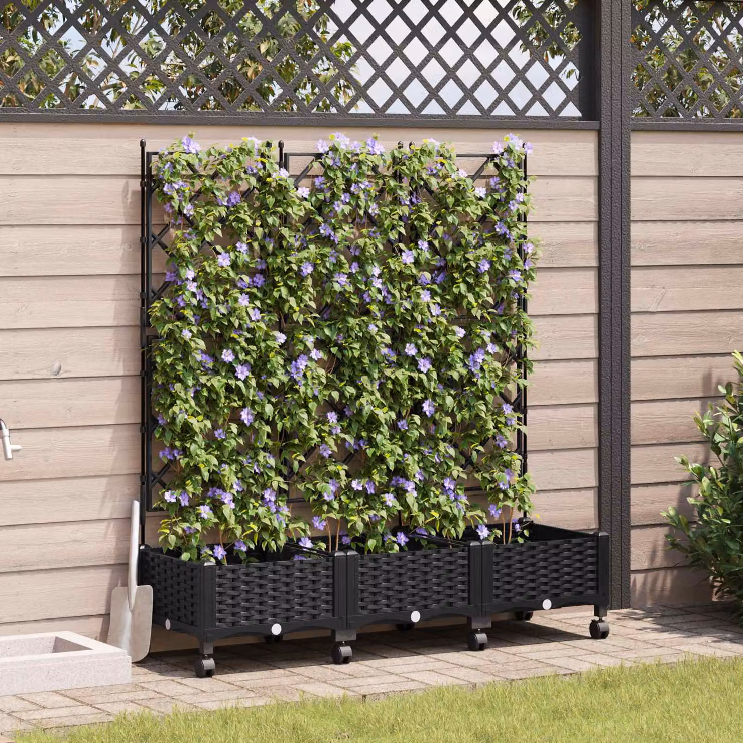 Set di 3 vasi da giardino con grigliato e ruote vidaXL in plastica nera