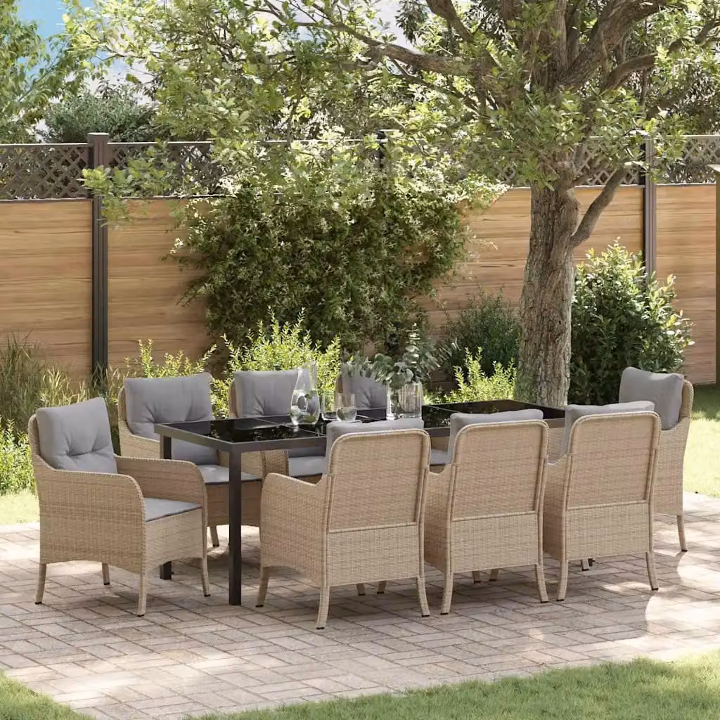 Set da pranzo per giardino e terrazzo vidaXL in polyrattan beige con tavolo in vetro, 9 pezzi
