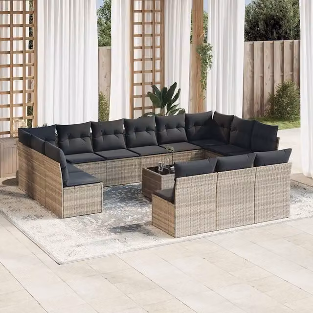 Set di Divani da Giardino a Forma di U VIDAXL in Polyrattan Grigio con 14 Pezzi e Cuscini Inclusi