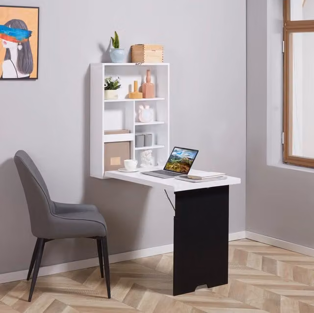 Scrivania a muro pieghevole con 5 scomparti e lavagna bianca e nera, 60x94,5x147 cm, salvaspazio per home office