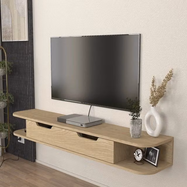 Mobile Porta TV da Parete Karjali en.casa con Anta a Ribalta, Effetto Rovere Marrone, L 150 x P 29,5 x H 19 cm