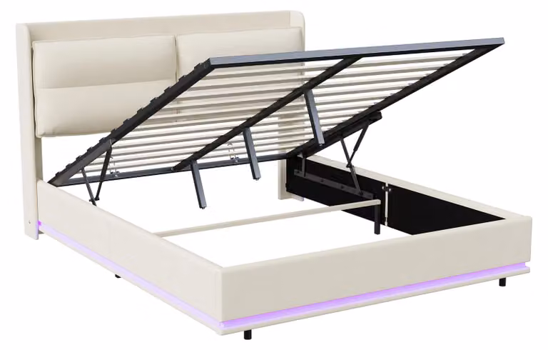 Letto imbottito - Letto matrimoniale 160 x 200 cm - Contenitore a sollevamento idraulico - Struttura a listelli - Imbottito - Tessuto - Bianco crema