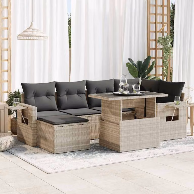 Set Divani da Giardino vidaXL 7 Pezzi a Forma di L con Cuscini Grigio Chiaro in Polyrattan e Acciaio