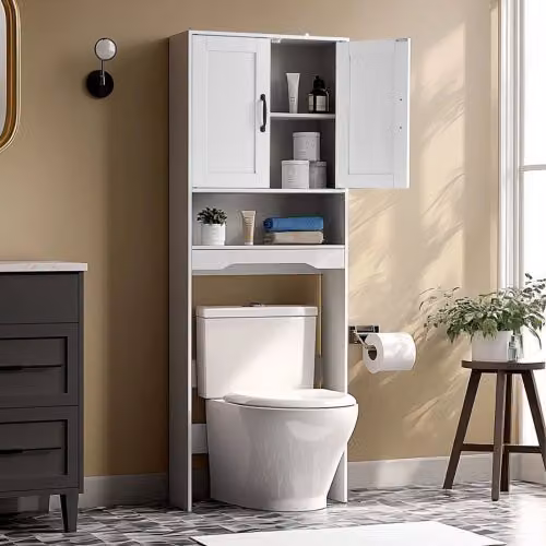 Mobiletto Portaoggetti Sopra WC VEVOR Bianco con Doppia Anta e Ripiano Aperto, L/P/H: 60 x 21 x 165,1 cm