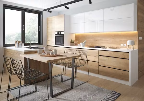 Mobile cucina TREVISO cucina componibile 370cm REJS completamente estensibile bianco Halifax fronte rovere - bianco lucido