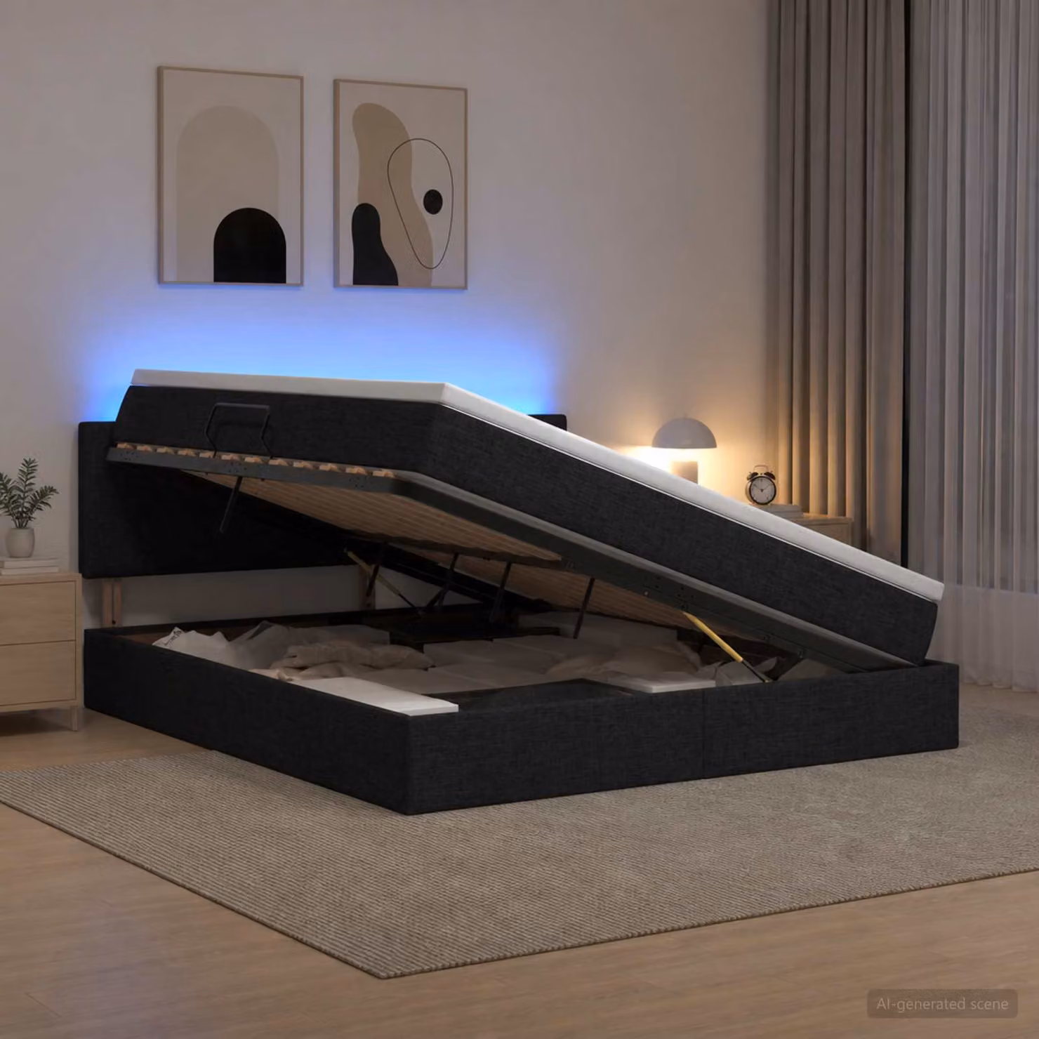 Letto con contenitore e illuminazione LED vidaXL, colore nero, con materasso a molle, L/P/H: 180 x 200 x 88 cm