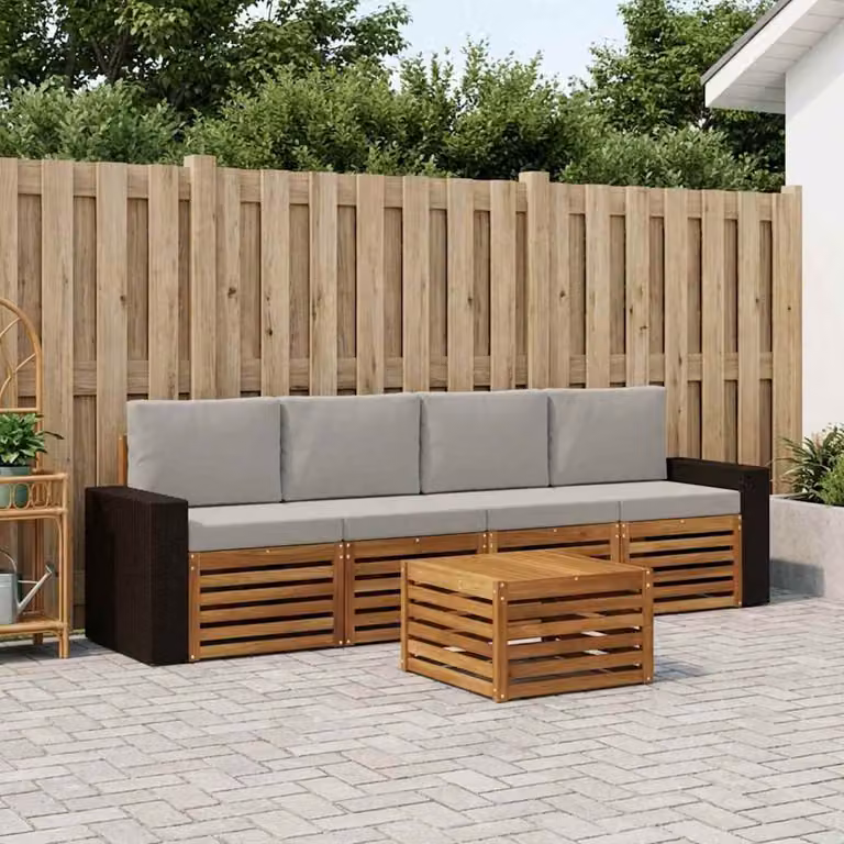 vidaXL Set di divani da esterno 5 pezzi in legno di acacia con cuscini, colori beige, grigio e marrone