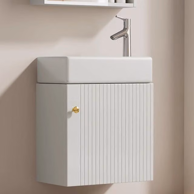 Mobile bagno sospeso con lavabo in ceramica; pannello 3D; 62 x 54 x 26 cm; bianco