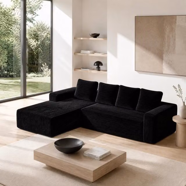 Divano modulare angolare con chaise longue reversibile e seduta imbottita per soggiorno in velluto a coste nero