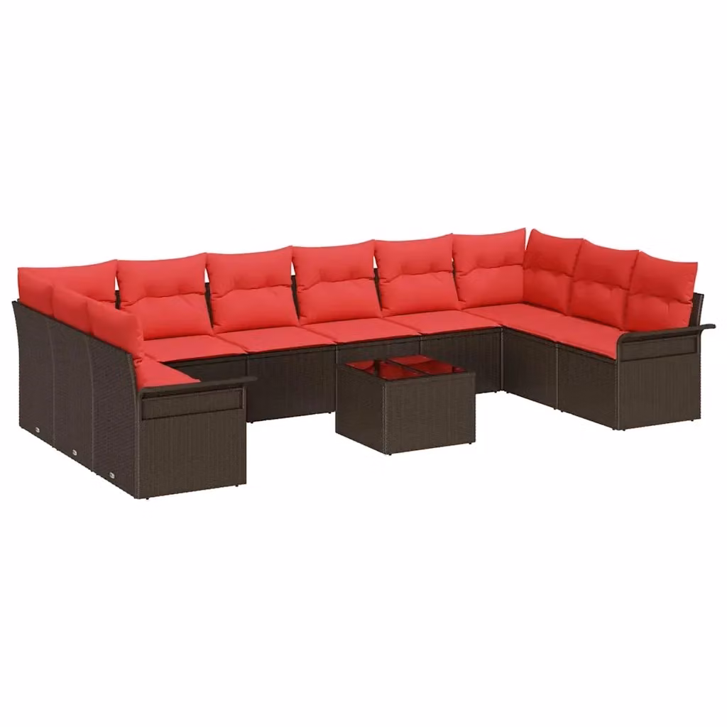 Set Divano da Giardino a Forma a U con Tavolino vidaXL, 11 Pezzi, Marrone e Rosso, con Cuscini e Struttura in Metallo Resistente ai Raggi UV – 2