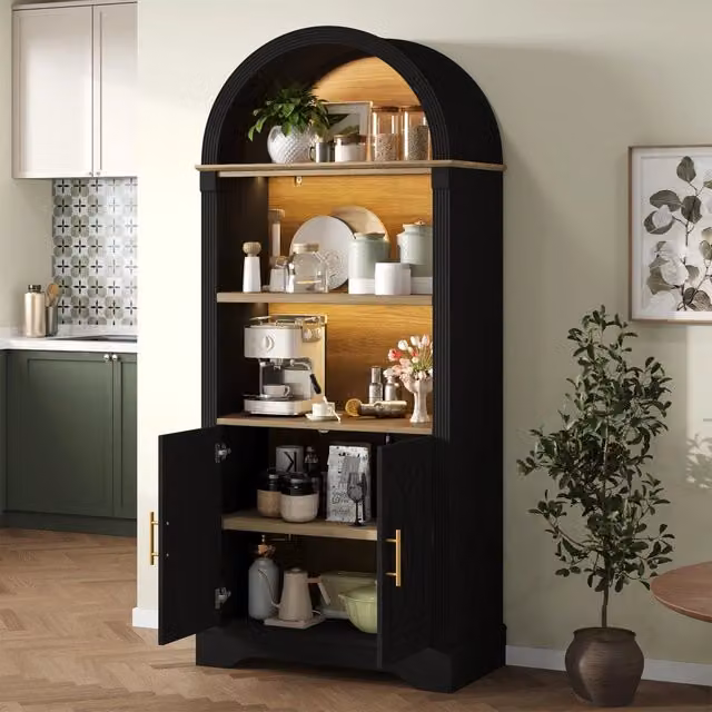 Credenza alta con LED ripiano regolabile 2 ante e 3 vani aperti in MDF nero per cucina soggiorno 76,2 × 40,1 × 180 cm