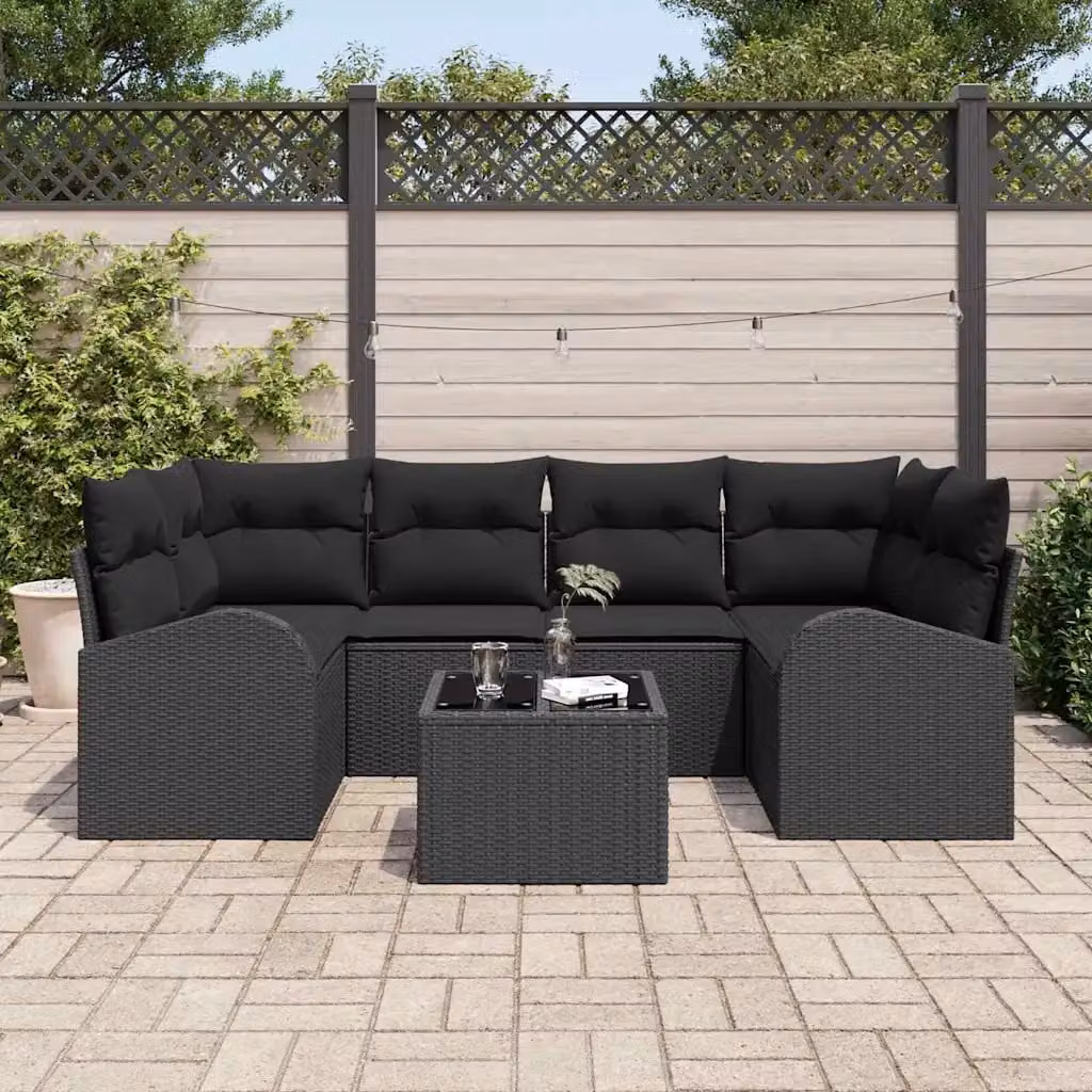 Set Divano da Giardino vidaXL 7 Pezzi in Polyrattan Nero con Tavolino e Cuscini Imbottiti – 1