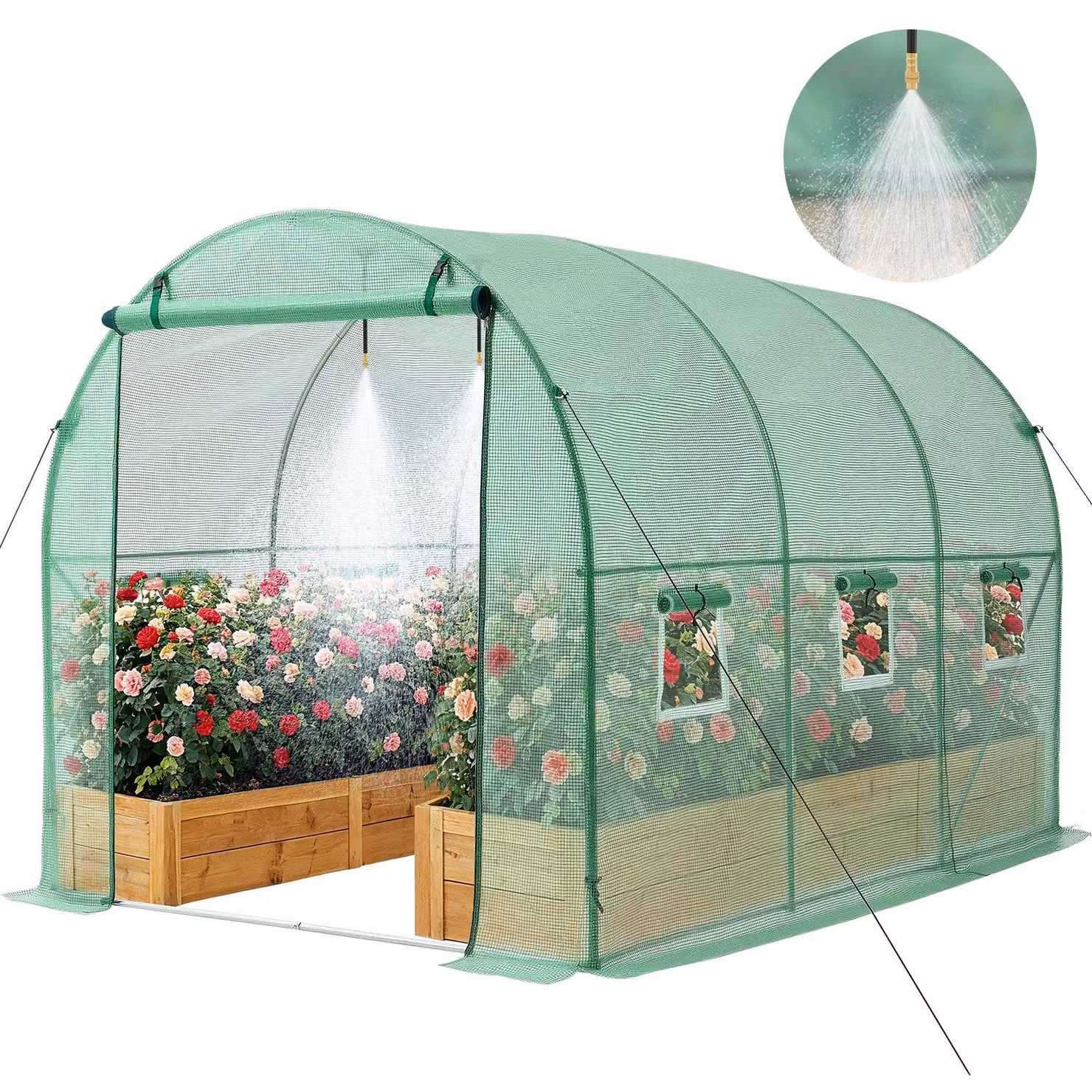 Serra - Tunnel in plastica - 2,93 x 1,97 x 1,94 m - Con sistema di irrigazione - Telaio in acciaio - Rivestimento in PE resistente ai raggi UV - Porta avvolgibile con cerniera - 6 finestre