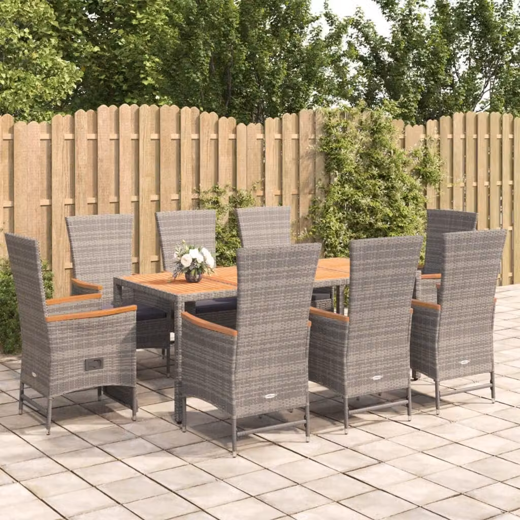 Set da Pranzo da Giardino vidaXL in Polyrattan e Legno di Acacia Grigio, 9 Pezzi