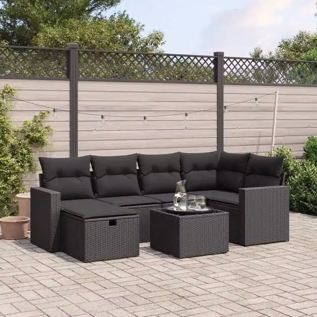 Set Divani da Giardino con Cuscini 7pz Nero Polyrattan 3263491