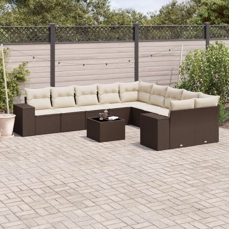 vidaXL Set Divani da Giardino 11 pz in Polyrattan Marrone con Cuscini e Tavolino da Esterno a Forma di L