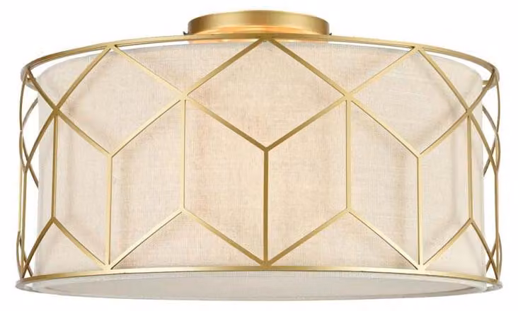 Plafoniera Contemporanea Messina Metallo Oro 3 Luci Diffusore Lino Su Pvc